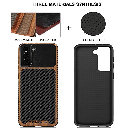 TENDLIN Compatible with Samsung Galaxy S21 Case Wood Grain with Carbon Fiber Texture Design Leather Hybrid Case Black