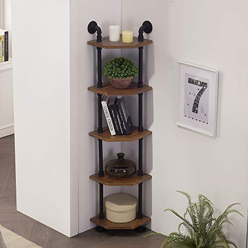 ivinta Industrial Bookcase Corner Shelf, 5 Shelf Wall Mount Pipe Bookshelf Solid Wood Shelves, Corner Standing Bookcase, Metal Display Stand