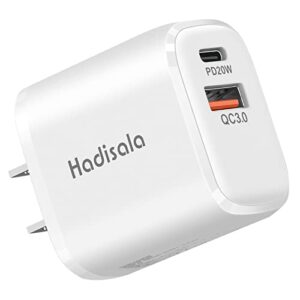 usb c fast charger, hadisala 20w dual-port pd usb c/qc 3.0 wall charger, portable travel power adapter cell phone charger compatible with iphone 14 pro max/mini, ipad pro, airpods pro, galaxy and more