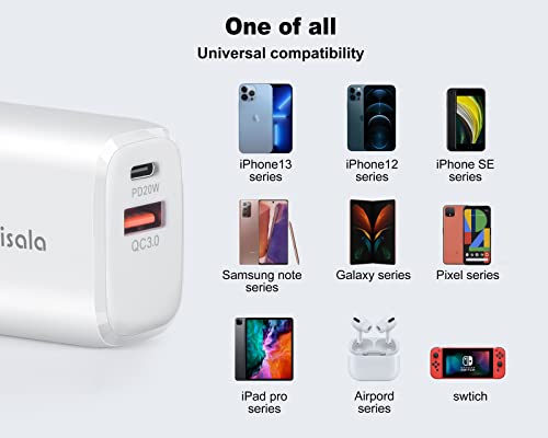 USB C Fast Charger, Hadisala 20W Dual-Port PD USB C/QC 3.0 Wall Charger, Portable Travel Power Adapter Cell Phone Charger Compatible with iPhone 14 Pro Max/Mini, iPad Pro, AirPods Pro, Galaxy and More