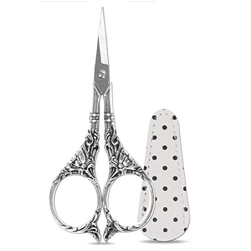 Hisuper 4.5 inch Silver Sewing Embroidery Scissors with Leather Scissors Cover Small Sharp Utility Craft Scissor for Embroidery Crafting Art Work Needlework DIY Tool