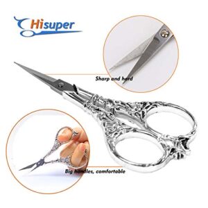 Hisuper 4.5 inch Silver Sewing Embroidery Scissors with Leather Scissors Cover Small Sharp Utility Craft Scissor for Embroidery Crafting Art Work Needlework DIY Tool