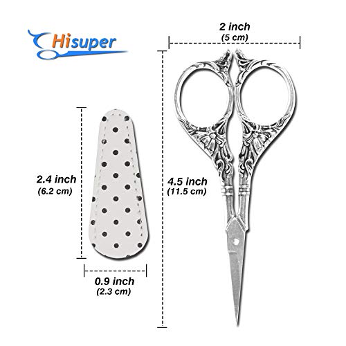 Hisuper 4.5 inch Silver Sewing Embroidery Scissors with Leather Scissors Cover Small Sharp Utility Craft Scissor for Embroidery Crafting Art Work Needlework DIY Tool