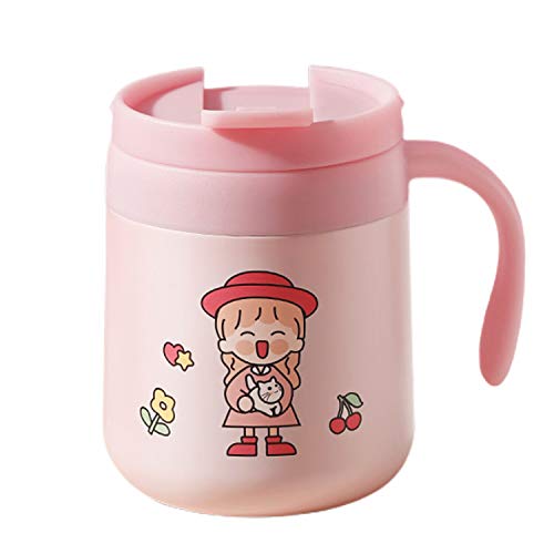 H-Jia 12oz Cute Coffee Mug with Handle, Double Wall Vacuum Insulated Stainless Steel Travel Mug with Lid (Pink)