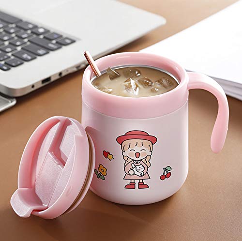 H-Jia 12oz Cute Coffee Mug with Handle, Double Wall Vacuum Insulated Stainless Steel Travel Mug with Lid (Pink)