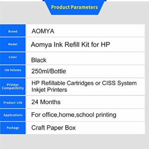 Aomya Compatible HP Black Ink Refill Kit 250ml Dye Bulk Ink for HP Inkjet Printers Refillable Cartridge CISS CIS System (9 oz) with Syringe&Glove