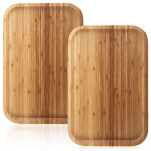 yarlung 2 pack bamboo tray cheese plate, 14x9 inches food serving saucer wood rectangular platter for coffee, tea, fruit, plant pot