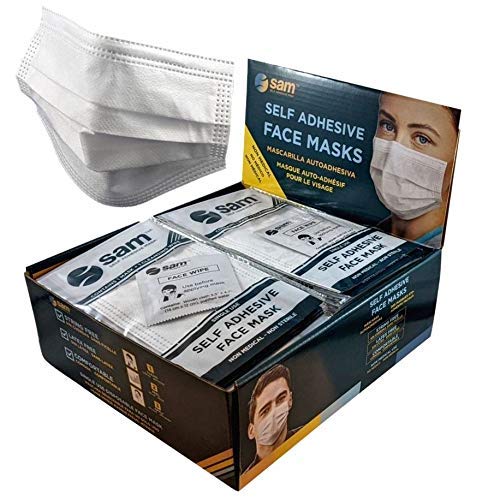 SAM Self Adhesive Masks - 50 Individually Wrapped 3 Ply Guest Face Coverings with Wet Wipe