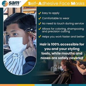 SAM Self Adhesive Masks - 50 Individually Wrapped 3 Ply Guest Face Coverings with Wet Wipe