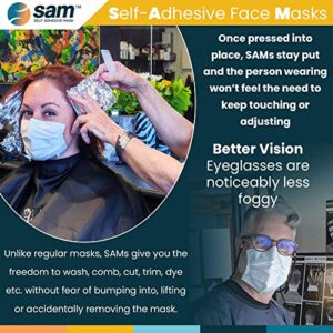 SAM Self Adhesive Masks - 50 Individually Wrapped 3 Ply Guest Face Coverings with Wet Wipe