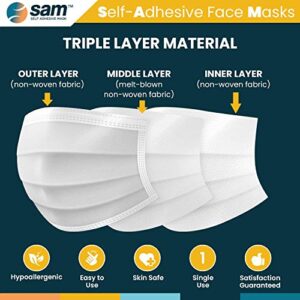 SAM Self Adhesive Masks - 50 Individually Wrapped 3 Ply Guest Face Coverings with Wet Wipe