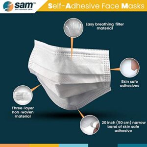 SAM Self Adhesive Masks - 50 Individually Wrapped 3 Ply Guest Face Coverings with Wet Wipe