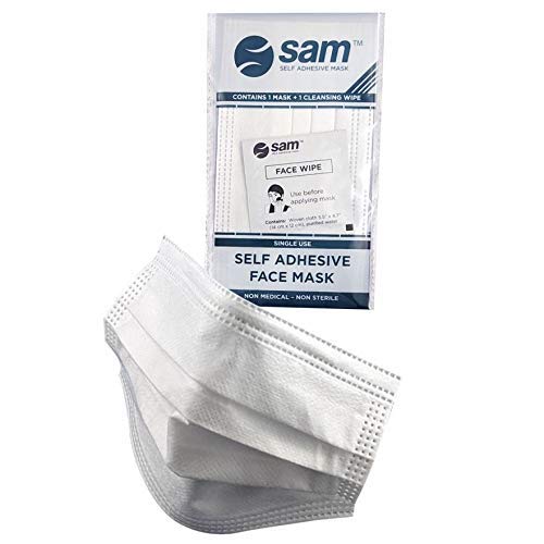 SAM Self Adhesive Masks - 50 Individually Wrapped 3 Ply Guest Face Coverings with Wet Wipe