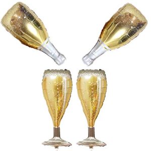 zzart 4 pcs large mylar foil helium balloons champagne bottles and goblet wine glasses, golden pop decoration for party, birthday celebration, anniversary graduation