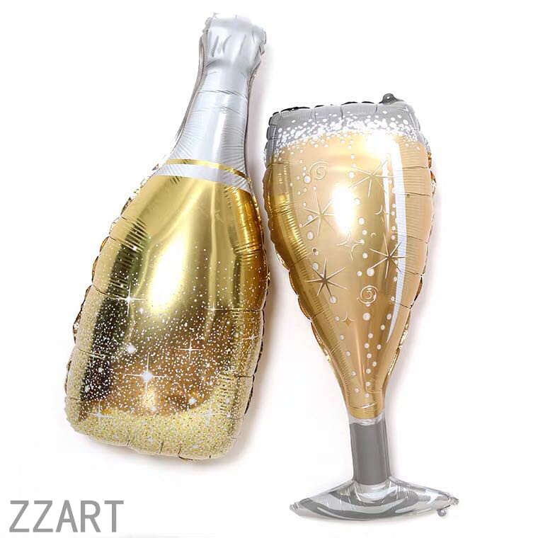 ZZART 4 Pcs Large Mylar Foil Helium Balloons Champagne Bottles and Goblet Wine Glasses, Golden pop Decoration for Party, Birthday celebration, Anniversary Graduation