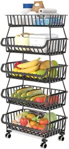 okzest 5 tier fruit basket for kitchen, rolling vegetable fruit storage basket stand organizer cart for snack potato onion produce, utility stackable metal wire storage bin rack with wheels for pantry