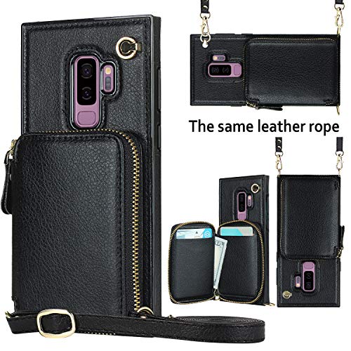 DEFBSC Crossbody Zipper Wallet Samsung Galaxy S9 Plus Case, PU Square Case with Chain Credit Card Holder Slot Shoulder Handbag Purse Wrist Strap Case for Samsung S9 Plus 6.2 Inch(Black)
