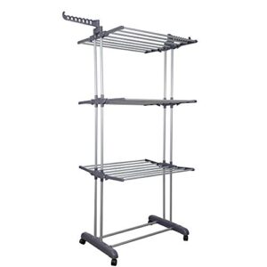 youud clothes drying rack 3-tiers with retractable trays, collapsible shelves, rolling and base with casters, stainless laundry dryer indoor/outdoor standing rack