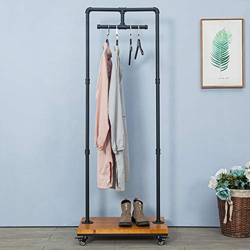 FURVOKIA Industrial Pipe and Wood Rolling Clothes Retail Heavy Duty Garment Racks,Metal Clothing Store Hanger Storage Shelves,Floor-Standing Display Rack,Decor Pipeline Shelf (Black)