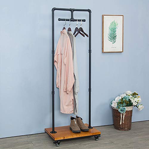 FURVOKIA Industrial Pipe and Wood Rolling Clothes Retail Heavy Duty Garment Racks,Metal Clothing Store Hanger Storage Shelves,Floor-Standing Display Rack,Decor Pipeline Shelf (Black)