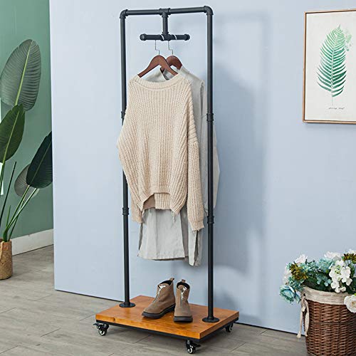 FURVOKIA Industrial Pipe and Wood Rolling Clothes Retail Heavy Duty Garment Racks,Metal Clothing Store Hanger Storage Shelves,Floor-Standing Display Rack,Decor Pipeline Shelf (Black)