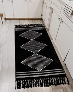 boho kitchen rugs,2'x4.3' washable black bathroom rug runner, cotton woven tassels diamond soft indoor mat hallways carpet for laundry entryway