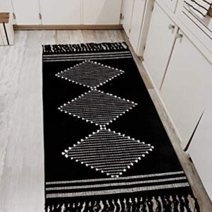 Boho Kitchen Rugs,2'x4.3' Washable Black Bathroom Rug Runner, Cotton Woven Tassels Diamond Soft Indoor Mat Hallways Carpet for Laundry Entryway