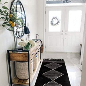 Boho Kitchen Rugs,2'x4.3' Washable Black Bathroom Rug Runner, Cotton Woven Tassels Diamond Soft Indoor Mat Hallways Carpet for Laundry Entryway