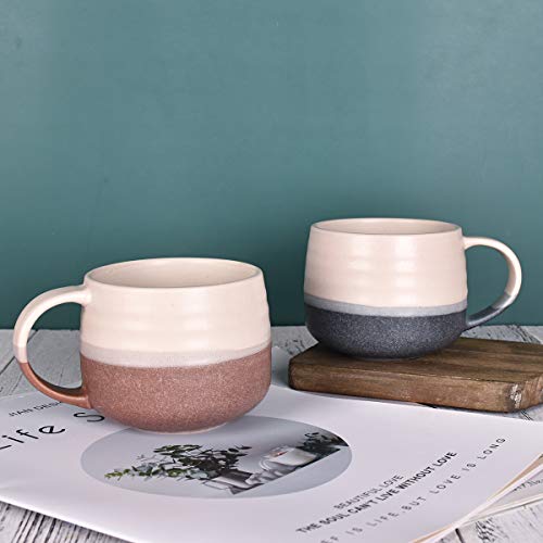 Bosmarlin Ceramic Large Latte Coffee Mug Set of 2 for Latte, Cappuccino, 18 Oz, Dishwasher and Microwave Safe (Pink&Grey, 2)