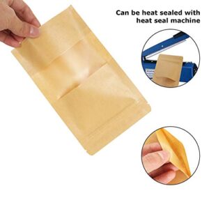 100 Pack 4.7 x 7.8 Inch Stand Up Kraft Bags with Clear Window, Stand Up Ziplock Seal Paper Bag Pouch Bags, Resealable Large Food Storage Pouch Bags, Heat-Sealable and Tear Notch