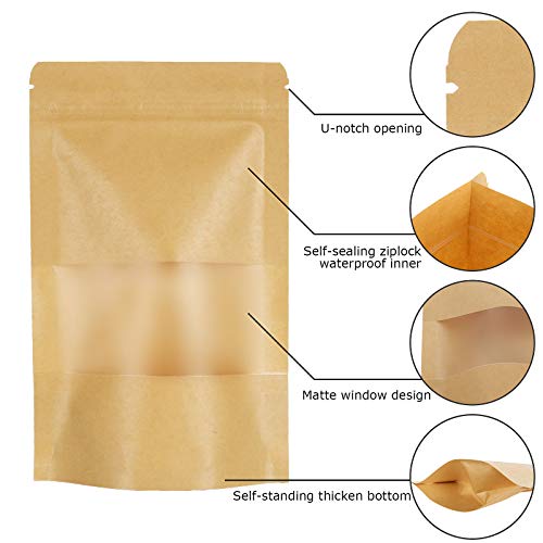 100 Pack 4.7 x 7.8 Inch Stand Up Kraft Bags with Clear Window, Stand Up Ziplock Seal Paper Bag Pouch Bags, Resealable Large Food Storage Pouch Bags, Heat-Sealable and Tear Notch