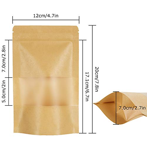 100 Pack 4.7 x 7.8 Inch Stand Up Kraft Bags with Clear Window, Stand Up Ziplock Seal Paper Bag Pouch Bags, Resealable Large Food Storage Pouch Bags, Heat-Sealable and Tear Notch