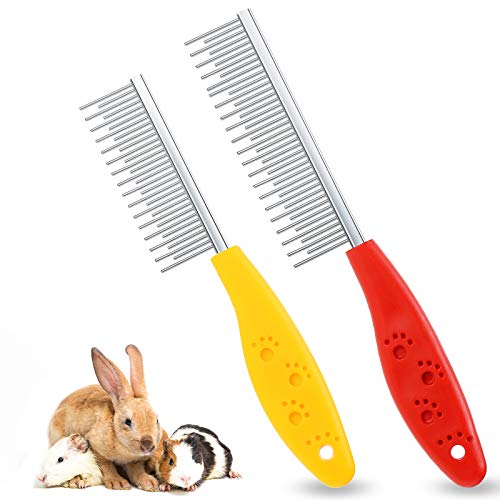 2 Pieces Pet Hair Buster Comb Small Pet Grooming Comb Stainless Steel Long and Short Teeth Comb for Small Animals Rabbits Hamsters Guinea Pigs, Red and Yellow