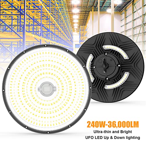 240W LED High Bay Lights 36000LM UFO Light(1000W HID/HPS Equiv)5000K Up&Down Lighting Dimmable UL/DLC Listed 6'Cable AC100-277V IP65 Commercial Warehouse Lighting Fixture for Workshop, Garage, Factory