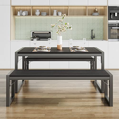 SHA CERLIN 3-Piece Dining Table Set with 2 Benches, Rustic Kitchen Table Set for 4-6, Space-Saving Dinette, Sturdy Structure, Easy Assemble, Black/Grey