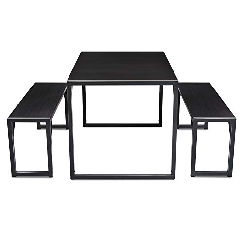 SHA CERLIN 3-Piece Dining Table Set with 2 Benches, Rustic Kitchen Table Set for 4-6, Space-Saving Dinette, Sturdy Structure, Easy Assemble, Black/Grey