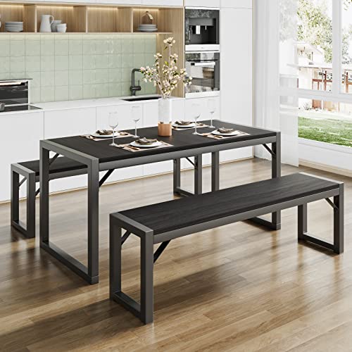 SHA CERLIN 3-Piece Dining Table Set with 2 Benches, Rustic Kitchen Table Set for 4-6, Space-Saving Dinette, Sturdy Structure, Easy Assemble, Black/Grey