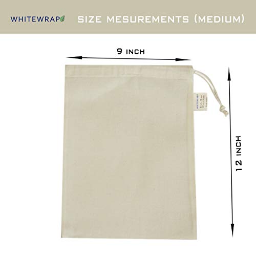 WHITEWRAP Reusable Produce Bags with Drawstrings | 9"x12" Medium |6-Pack |Eco Friendly Bags, Food Storage, Natural Cotton, Biodegradable Fabric Bags, Snack Bags, Cloth Bags, Gift Bag for Halloween