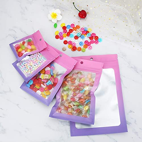 100 Pcs Resealable Mylar Ziplock Food Storage Bags, Gradient Color Smell Proof Bag with Clear Window, Packaging Pouch for Coffee Beans Candy Sample Food (Pink Purple, 4 X 6 Inch)