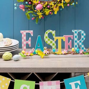 glitzhome plaid wooden easter table sign decor with flowers and rattan, 16" l, multi-color