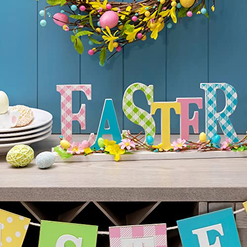 Glitzhome Plaid Wooden Easter Table Sign Decor with Flowers and Rattan, 16" L, Multi-Color