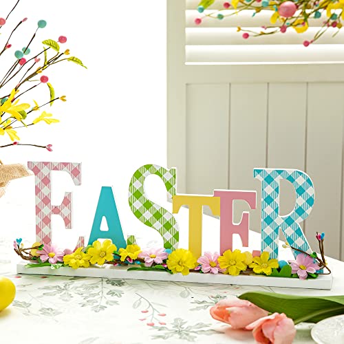 Glitzhome Plaid Wooden Easter Table Sign Decor with Flowers and Rattan, 16" L, Multi-Color