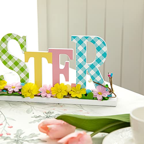 Glitzhome Plaid Wooden Easter Table Sign Decor with Flowers and Rattan, 16" L, Multi-Color