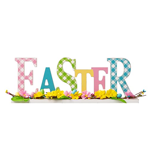 Glitzhome Plaid Wooden Easter Table Sign Decor with Flowers and Rattan, 16" L, Multi-Color