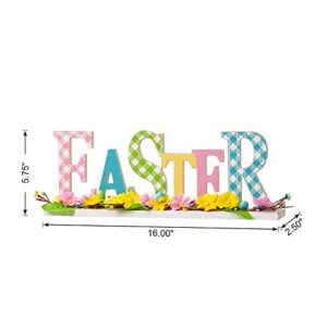 Glitzhome Plaid Wooden Easter Table Sign Decor with Flowers and Rattan, 16" L, Multi-Color