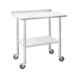 chingoo stainless steel table with wheels 24 x 36 inches metal prep table with backsplash & adjustable undershelf, stainless table for commercial kitchen, outdoor, restaurant, hotel & garage