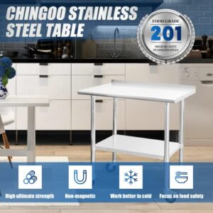 Chingoo Stainless Steel Table with Wheels 24 x 36 Inches Metal Prep Table with Backsplash & Adjustable Undershelf, Stainless Table for Commercial Kitchen, Outdoor, Restaurant, Hotel & Garage