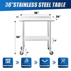 Chingoo Stainless Steel Table with Wheels 24 x 36 Inches Metal Prep Table with Backsplash & Adjustable Undershelf, Stainless Table for Commercial Kitchen, Outdoor, Restaurant, Hotel & Garage