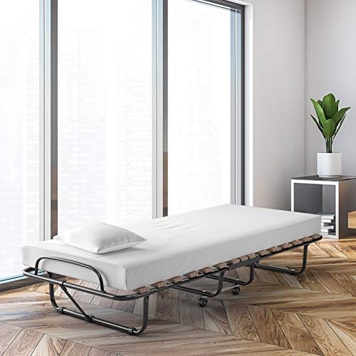 Giantex Folding Bed with Mattress, Rollaway Guest Bed w/ 4 Inch Memory Foam Mattress, Sturdy Metal Frame, Portable Sleeper Bed Cot Size Easy to Store, Foldable Bed for Adults, Made in Italy