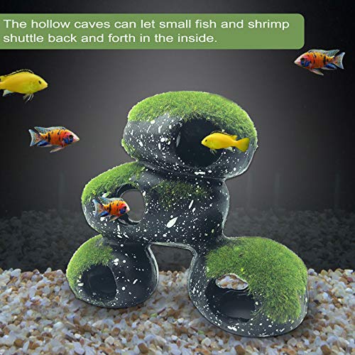 PINVNBY Stone Aquarium Hideaway Decoration Resin Cichlids Rock Decor with Artificial Moss Betta Cave Hideout Shelter Tunnel Fish Tank Ornament for Shrimp,Short Bream and Crayfish(L)